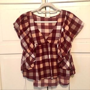 Buffalo check deep V blouse XS